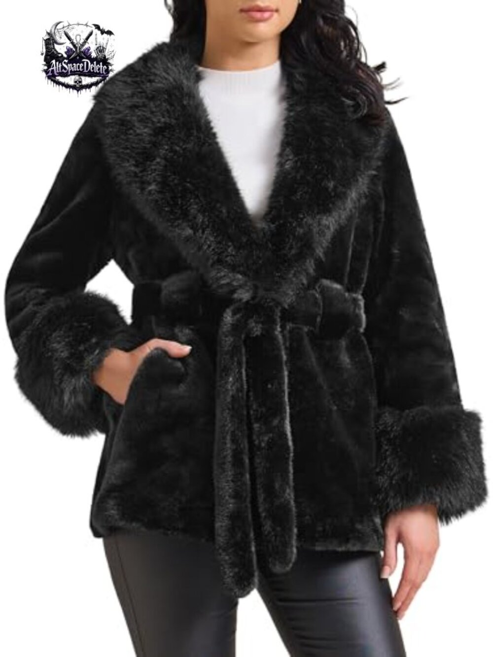 Faux Fur Shaggy Winter Coat Long Sleeve Removable Belt Pockets